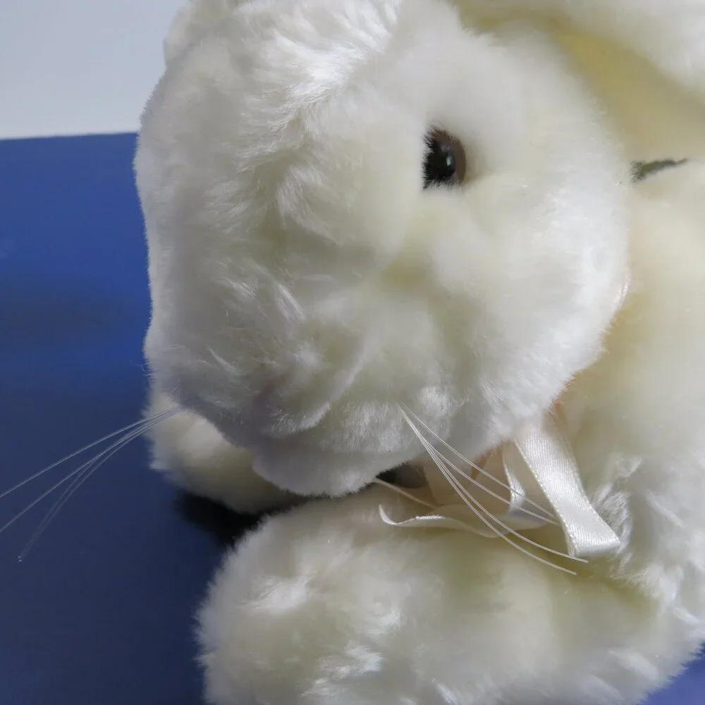 Vintage white bunny with plastic whiskers lying down Very Soft Easter REALISTIC